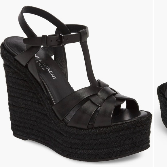 Saint Laurent Tribute Espadrille Wedge Sandals Black Excellent Authentic - Picture 1 of 12
